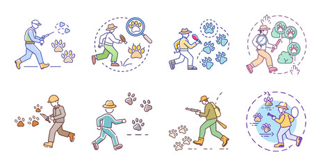 Fototapeta premium Colorful cartoon people doing winter activities - Vibrant vector icons of cheerful people enjoying winter sports and holiday fun in a festive setting.