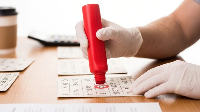 Player marking called numbers on bingo card with red dauber