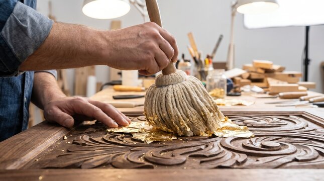 Gilder pressing gold leaf into carved wood ornament with soft mop brush