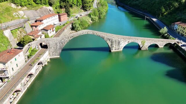 Aerial view of Devil&rsquo;s Bridge Ponte della Maddalena Borgo a Mozzano Tuscany