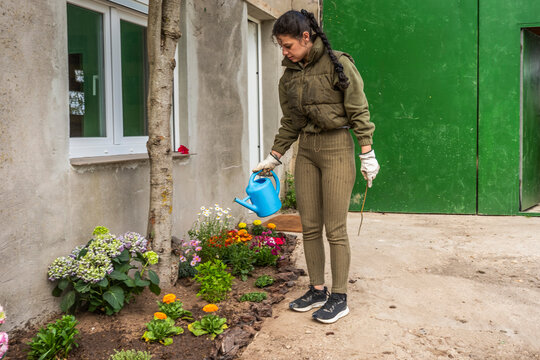 Woman watering spring flowers in small urban garden