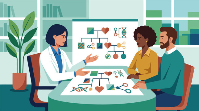 Vector illustration of a female doctor explaining a genetic family tree to a diverse couple in a medical office, focusing on hereditary health history and genetic counseling.