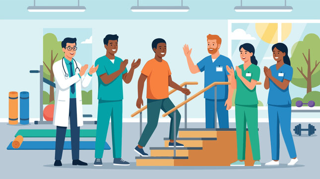 Vector illustration of a diverse medical team including a doctor and nurses applauding a male patient as he practices walking up stairs during a physical therapy session in a rehab clinic.