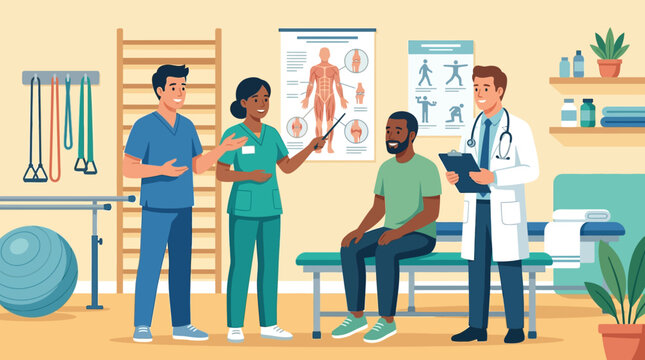 Diverse medical team of doctor and physical therapists consulting with a patient in a rehab clinic featuring anatomical charts, resistance bands, and exercise equipment vector.