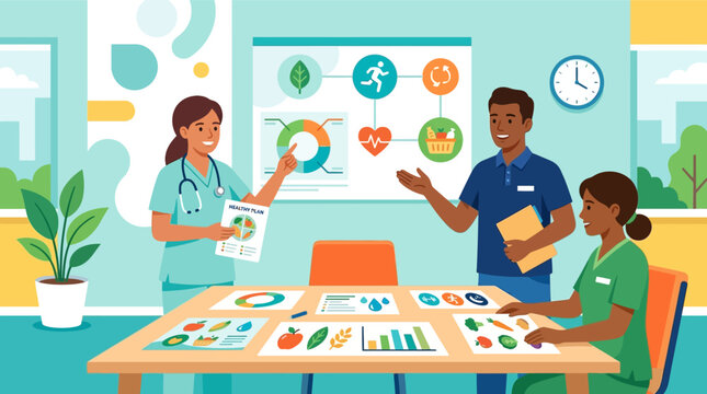 Diverse healthcare professionals in a medical clinic office discussing a healthy lifestyle plan and patient wellness infographics during a staff meeting with charts and data.