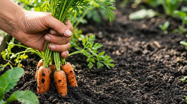 Close up of farmer hand harvesting fresh organic carrots from rich dark soil, caucasian woman pulling ripe bunch of root vegetables with green foliage tops on local eco farm, lifestyle photograph