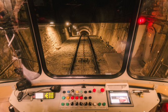 Urban funicular control cabin view in Lyon, France