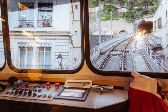 Urban funicular driver view toward tunnel in Lyon, France