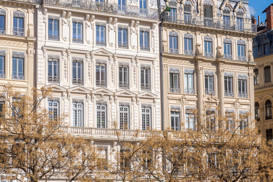 Elegant Haussmann facade in Lyon, France urban scene