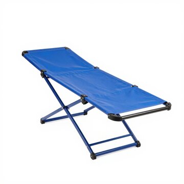 Folding camping cot isolated on white background blue fabric outdoor portable bed.