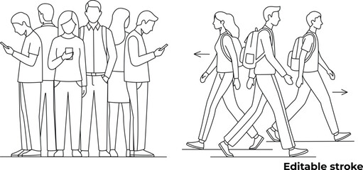 Obraz premium Group of people standing and looking at smartphones and people walking with backpacks, line art style illustration