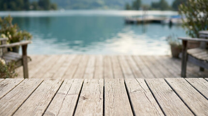 Fototapeta premium Empty wooden deck tabletop with blurred beautiful lake and pier background, selective focus on rustic wood planks texture for product display