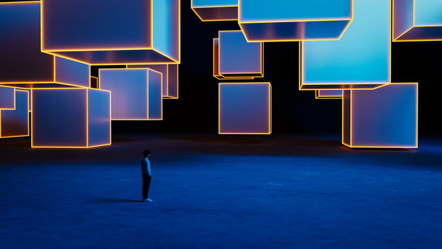 Futuristic cubes with neon lights create a tech background scene