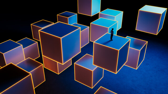 Futuristic cubes with neon lights create a tech background scene