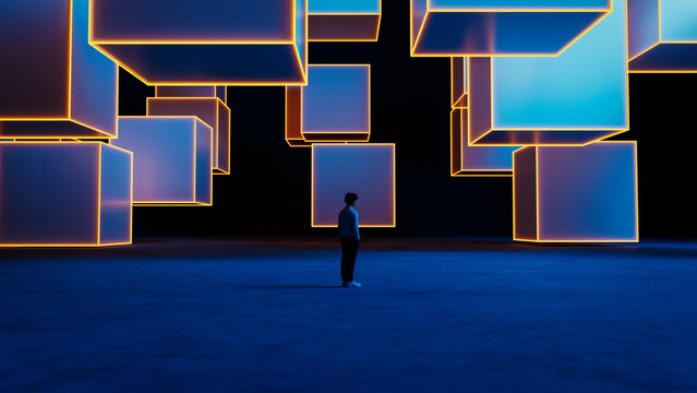 Futuristic cubes with neon lights create a tech background scene