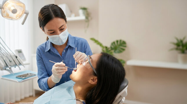 Young asian woman receiving dental treatment under premium health insurance plan, professional dental care investment, private clinic service and stomatology business concept