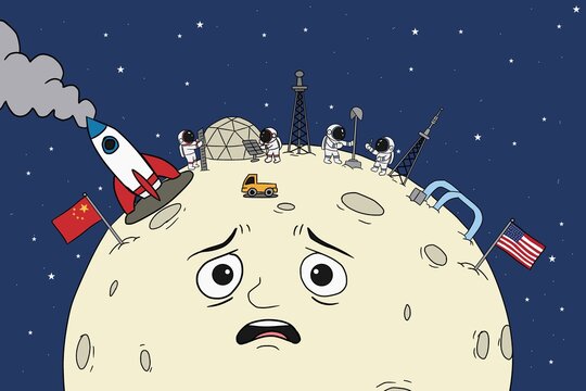 Moon exploration and geopolitical space race illustration
