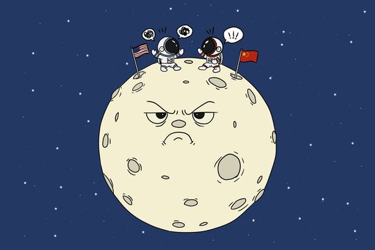Cartoon astronauts on moon in space race