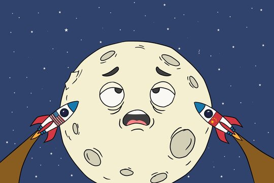 Moon and rockets in a modern space race illustration