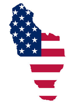 Sazan Island shape colored in American flag, US business interests and privatization in Albania, American luxury resort development.