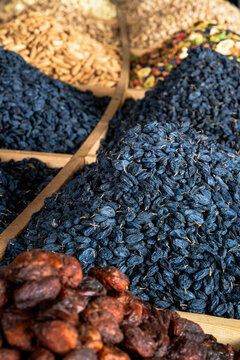 Dried fruit and raisin display at an Uzbekistan bazaar