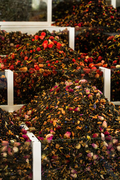 Colorful herbal tea blend with dried rose at Uzbek bazaar