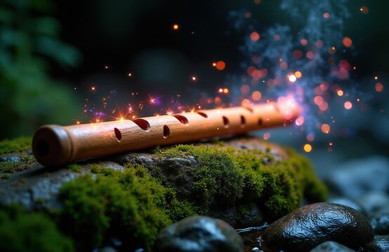 Wooden flute lies on mossy rocks near water. Magical sparks fly from flute holes, creating ethereal glowing effects. Dark forest background adds mystery.