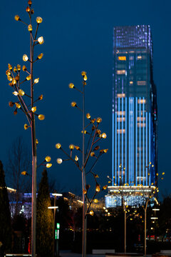 Modern Tashkent skyline at night with illuminated tower