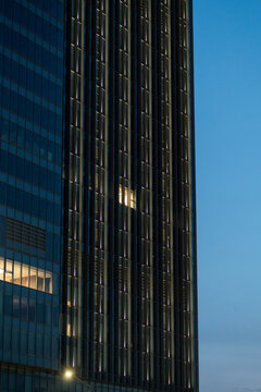 Modern skyscraper facade at dusk in Uzbekistan city