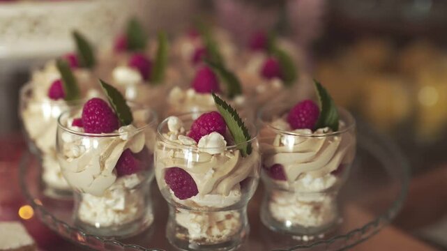 Mini raspberry dessert cups on serving tray