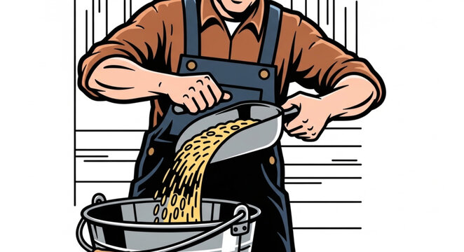 Farmer Pouring Grain into Bucket Illustration.