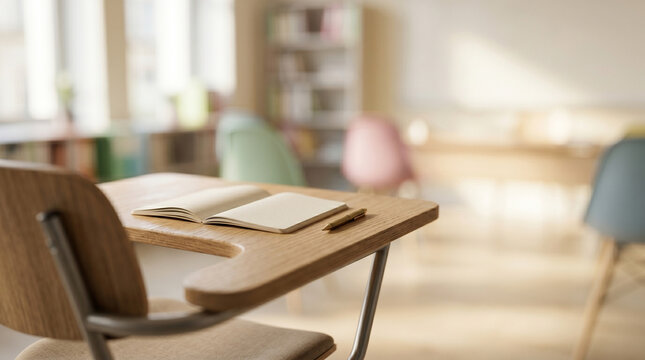 Open blank notebook and pen on wooden student desk chair in empty elementary classroom with blurred background, generic bright university lecture hall interior for back to school education concept