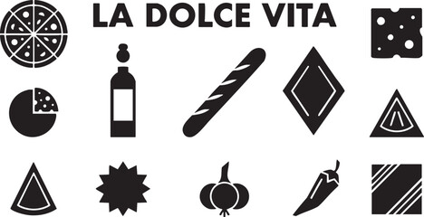 Fototapeta premium Vector graphic illustration of La Dolce Vita icons including pizza, wine, bread, cheese, and vegetables for Italian food and lifestyle design