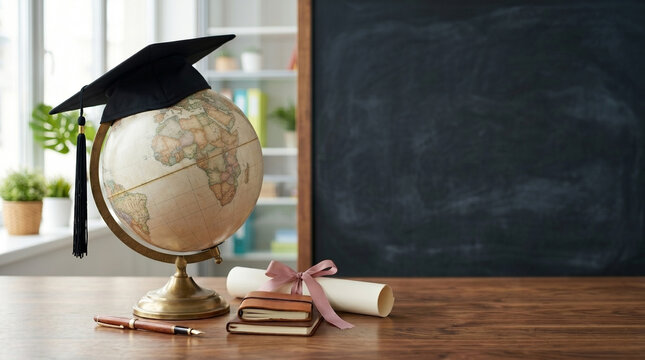 Academic graduation cap on globe with diploma scroll at workspace, concept of international student exchange program, global career opportunity and online edtech degree