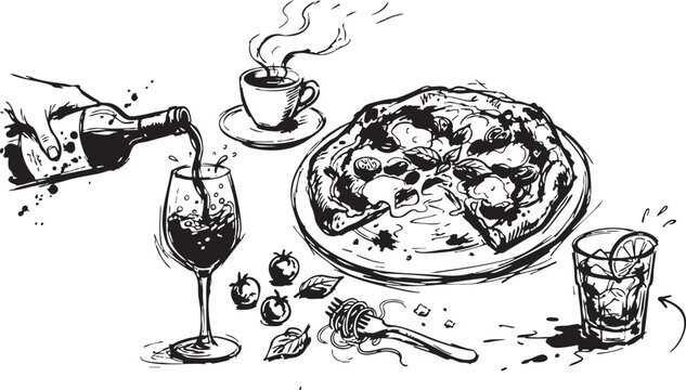 Black and white vector illustration of a delicious pizza with wine glass and cup of coffee on a table with fresh pomegranates and honey dip