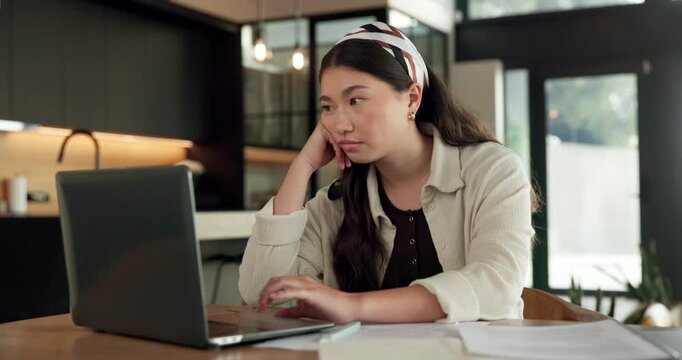 Woman, bored and finance with laptop in home for error, slow internet or network issue. Tired, female person or remote work with computer, documents or connection for research or delay in house