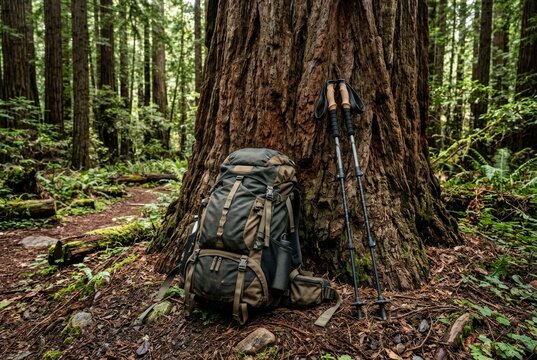 Hiking backpack and trekking poles resting against a large tree