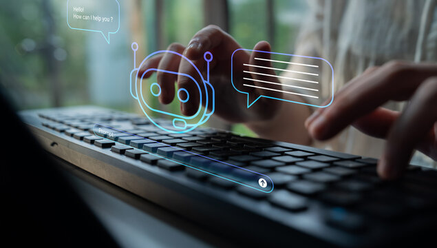 A close-up view of hands typing on a keyboard, featuring a virtual chatbot interface expressing dialogue and support in a bright, modern workspace environment. Cyphers