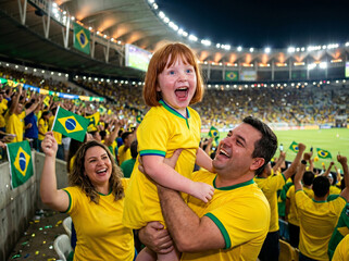 Fototapeta premium Happy family cheering at soccer game
