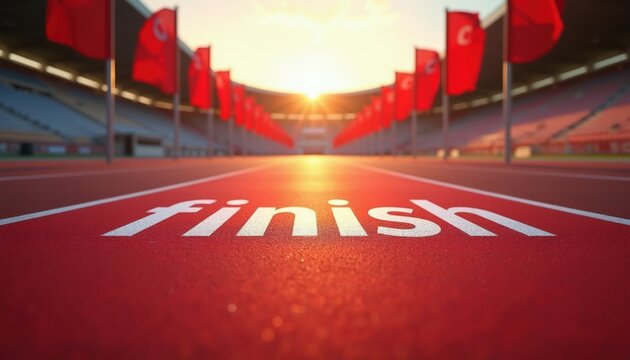 Red stadium track with finish line painted white. Red flags wave along stands under bright sunlight. Athletic competition awaits participants near start.