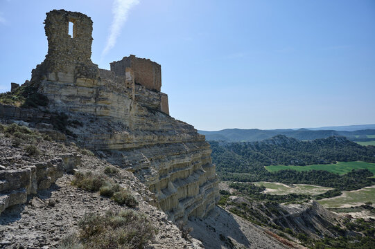 Ruins of Sora castle on cliff above Zaragoza landscape