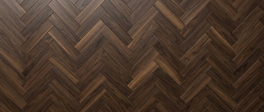 Dark brown wood parquet herringbone pattern floor texture.