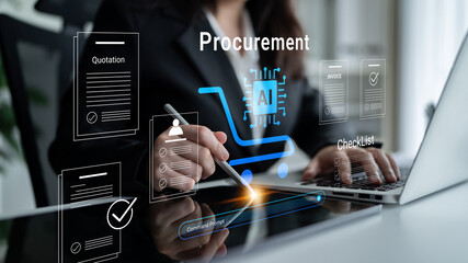 Obraz premium A professional woman uses a laptop to manage digital procurement processes, showcasing modern technology and efficiency in a sleek workspace environment. Cyphers