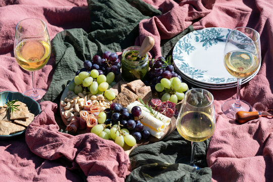 Outdoor picnic spread with wine, grapes and charcuterie