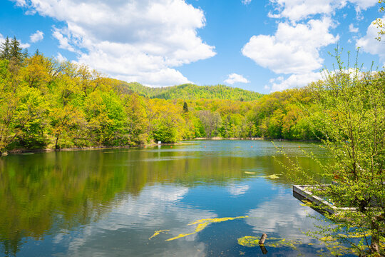 Calm forest lake reflecting blue partly cloudy sky and in lush spring mountain landscape near Sovata, Romania