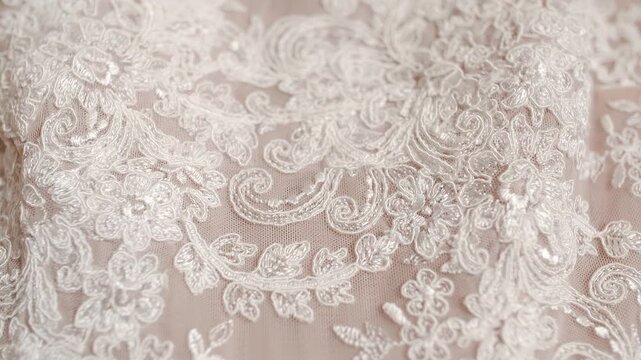 Delicate beige lace fabric with floral embroidery close up