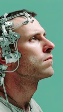 Profile view of a man's face wearing a complex futuristic device connected to his head, representing neuroscience, brain computer interfaces, and advanced technological experiments