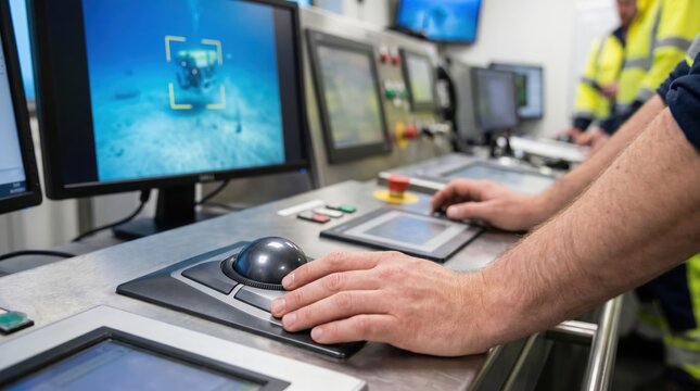 Operator hands using a trackball control panel with monitors showing underwater rov footage