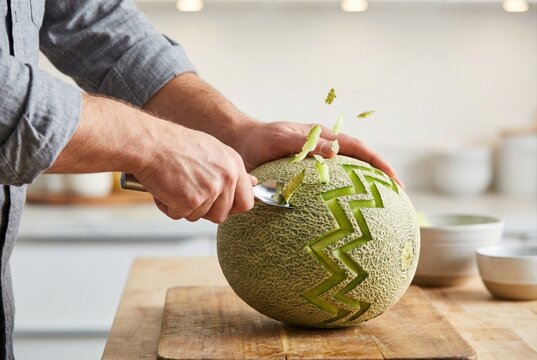 Chef hands using a special cutting tool to carve a decorative zigzag pattern into a fresh melon