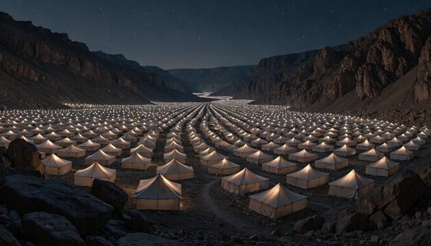 Spectacular glowing night panorama of countless brightly illuminated white canvas tents filling a massive sprawling desert valley offering a magnificent temporary encampment stretching into deep